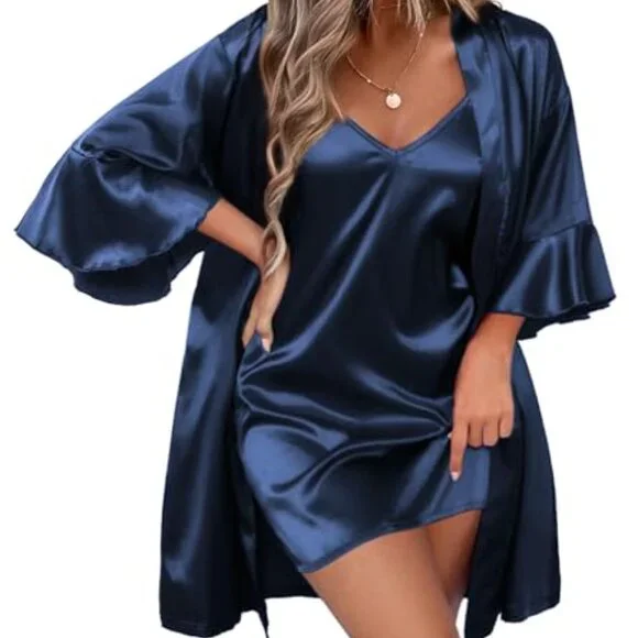 Satin Robe Set Elegant V-Neck Kimono Nightgown Adjustable Straps Pockets